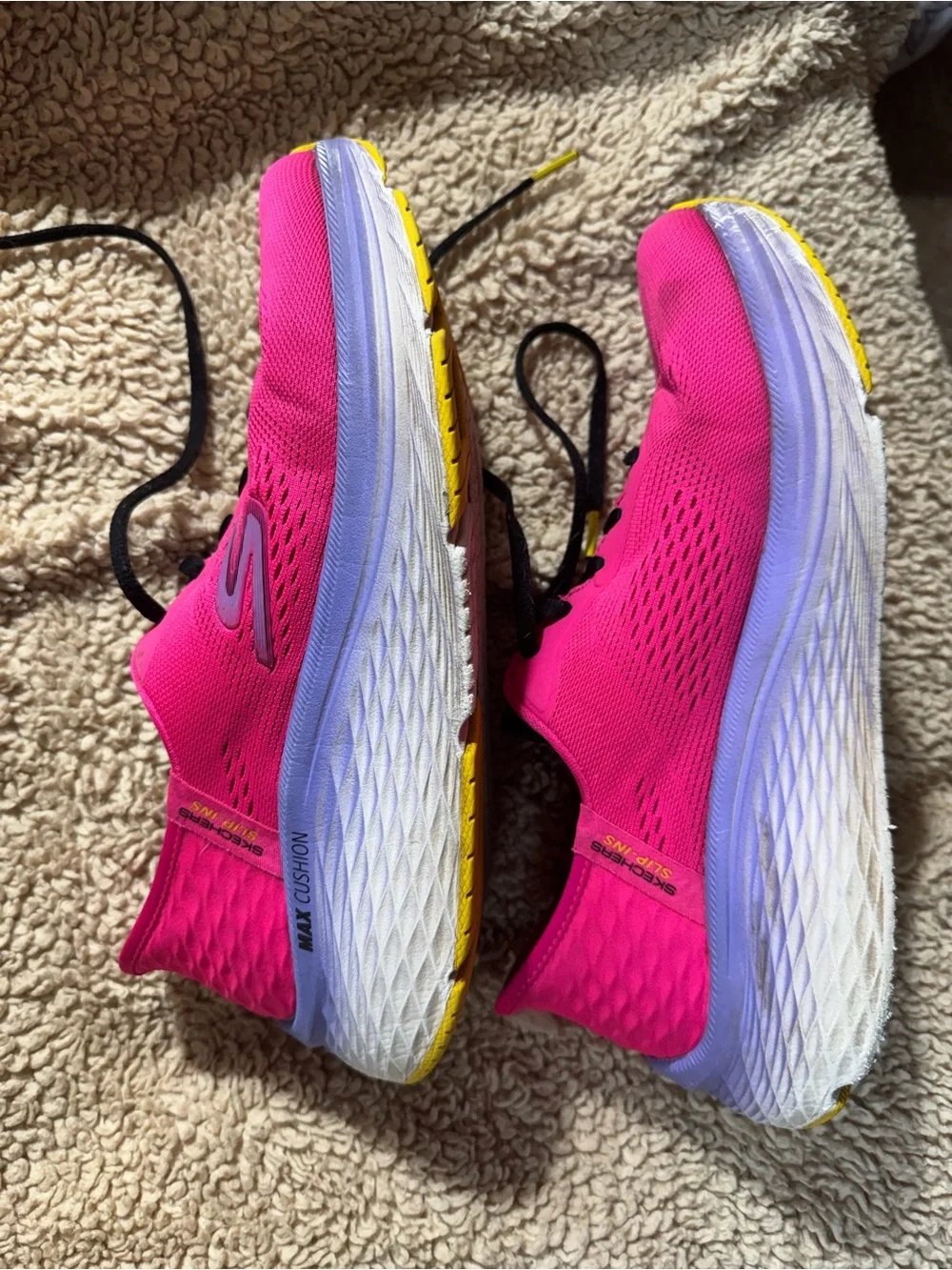 Skechers Women’s Hot Pink Athletic Slip-On Max Cushion Shoe with Purple Accents